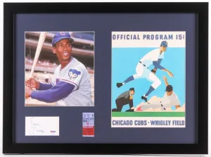 Ernie Banks Signed Cubs 17x23 Framed Cut Display   Ticket & 1970 Scorecard (PSA)