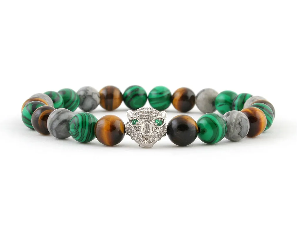 Fashion Panther bracelet with tiger eye, malachite and fancy jasper beads