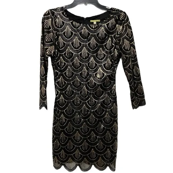 Gianni Bini Black &amp; Gold Sequin 3/4 Sleeve Mini Dress, Size Small