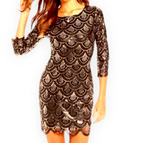 Gianni Bini Black &amp; Gold Sequin 3/4 Sleeve Mini Dress, Size Small