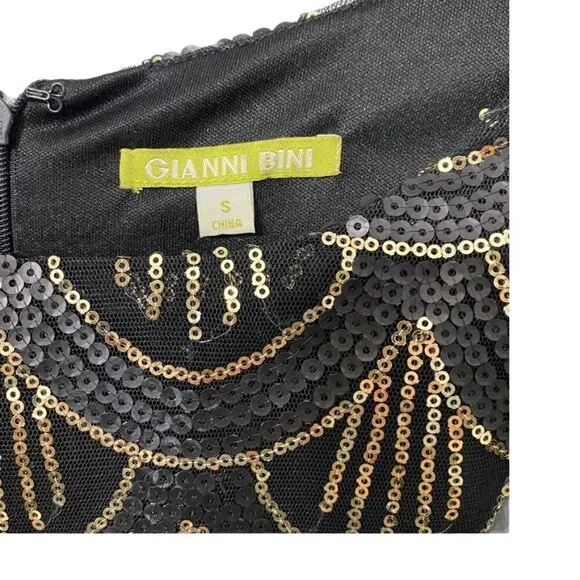 Gianni Bini Black &amp; Gold Sequin 3/4 Sleeve Mini Dress, Size Small