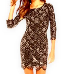 Gianni Bini Black &amp; Gold Sequin 3/4 Sleeve Mini Dress, Size Small