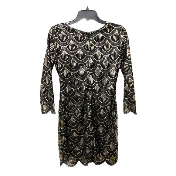 Gianni Bini Black &amp; Gold Sequin 3/4 Sleeve Mini Dress, Size Small