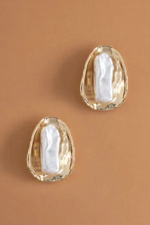 Gold Clam Pearl Earrings