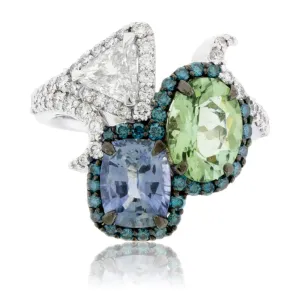 Green Tourmaline, Blue Sapphire & Trillian Diamond Ring
