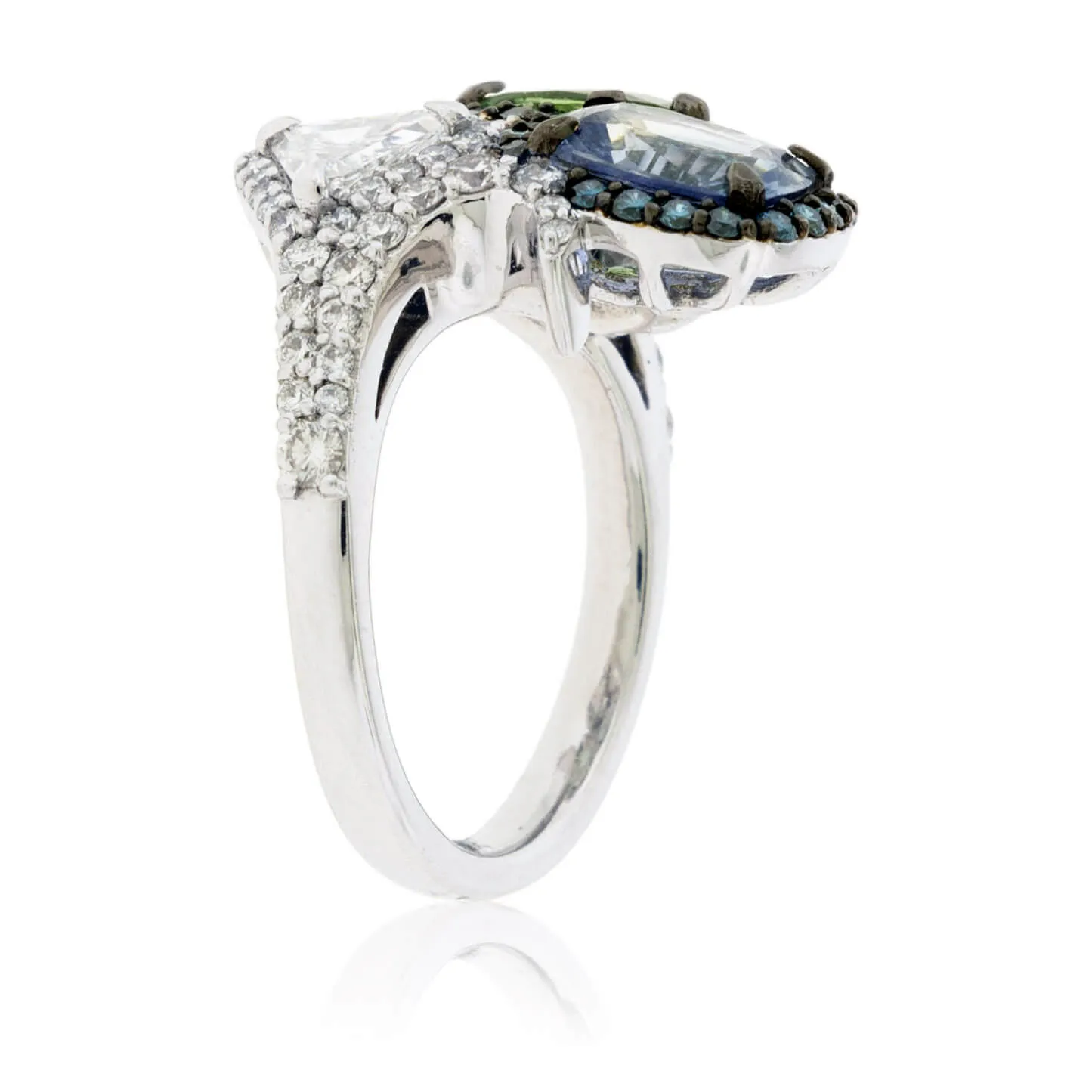 Green Tourmaline, Blue Sapphire & Trillian Diamond Ring