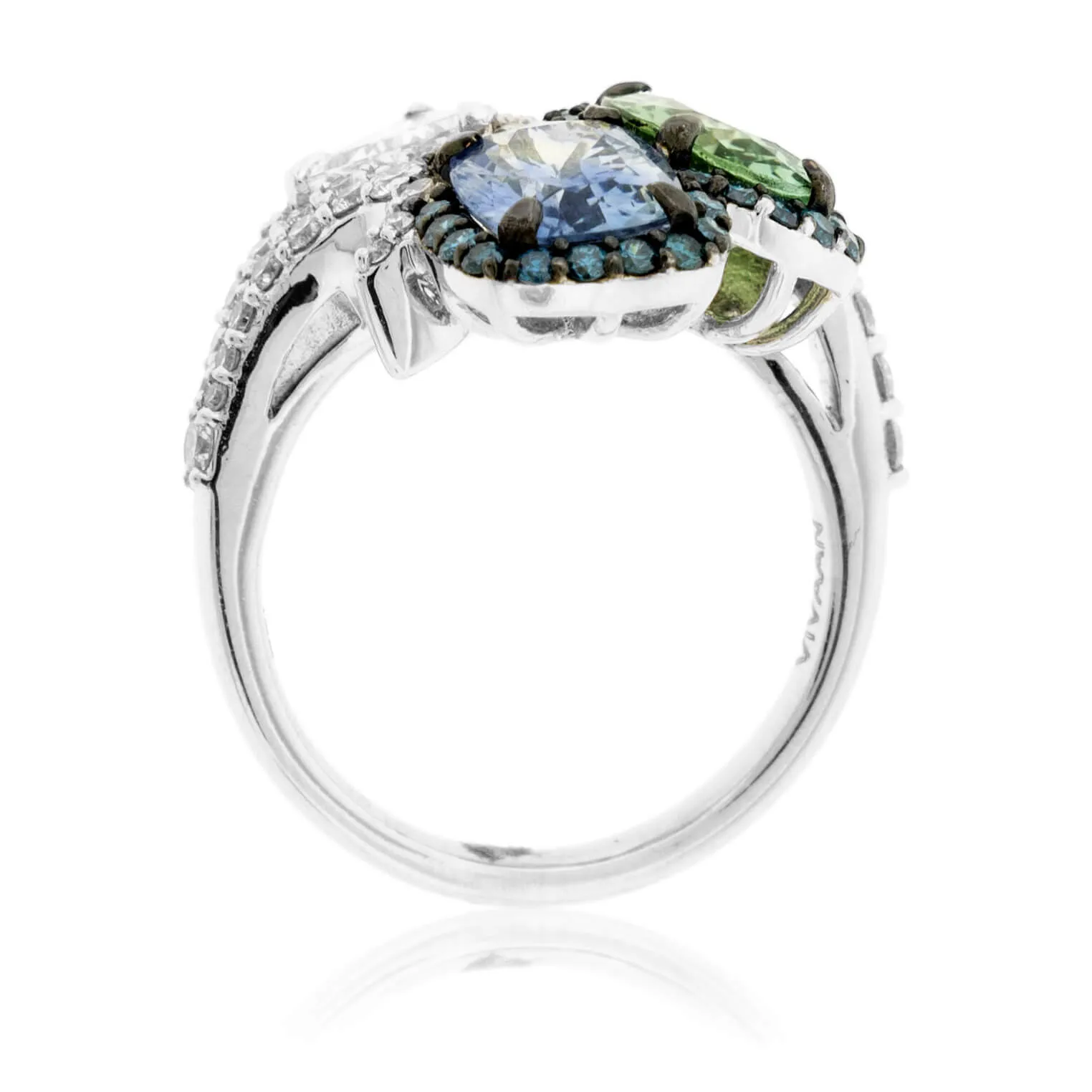 Green Tourmaline, Blue Sapphire & Trillian Diamond Ring