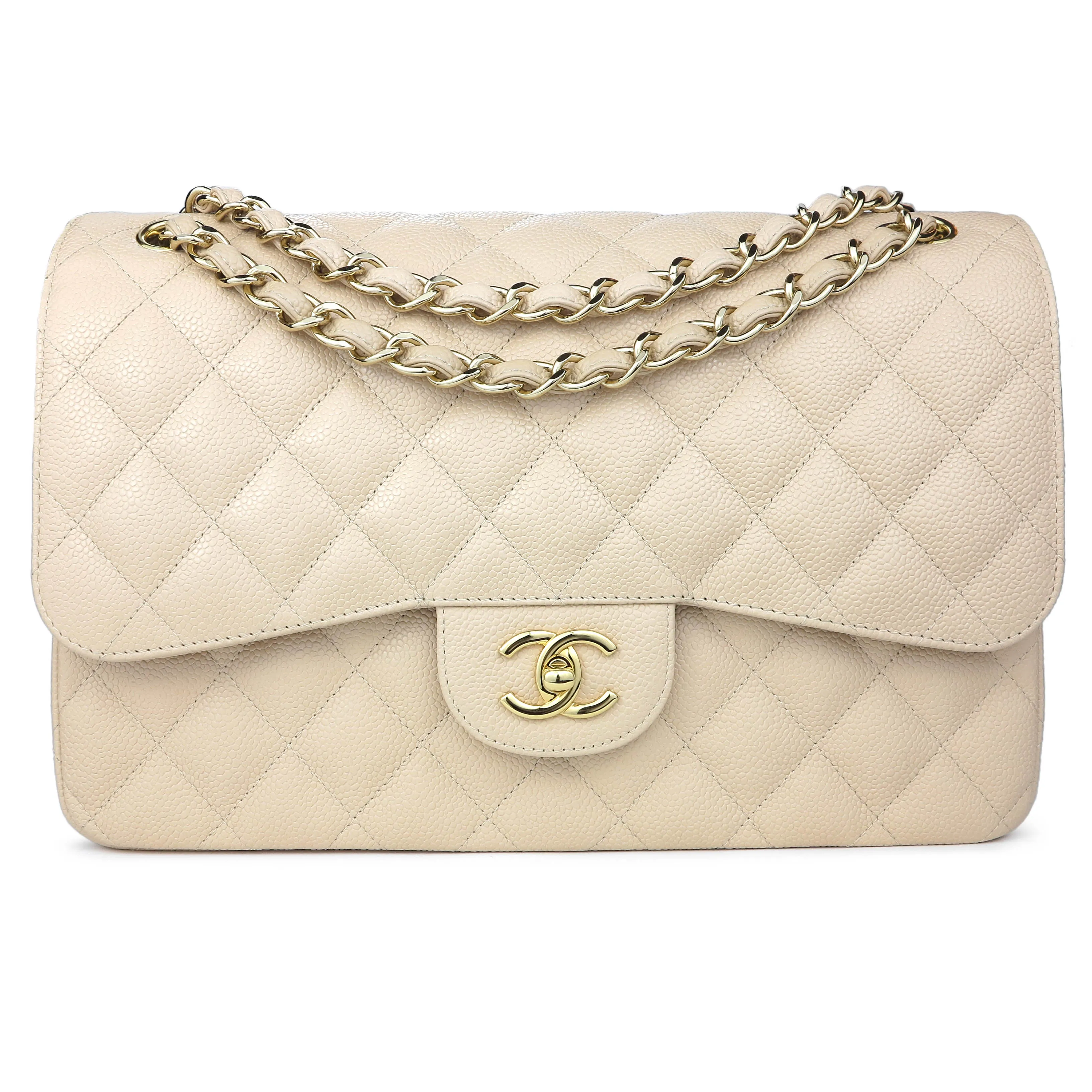 Jumbo Classic Double Flap Bag in Beige Clair Caviar GHW
