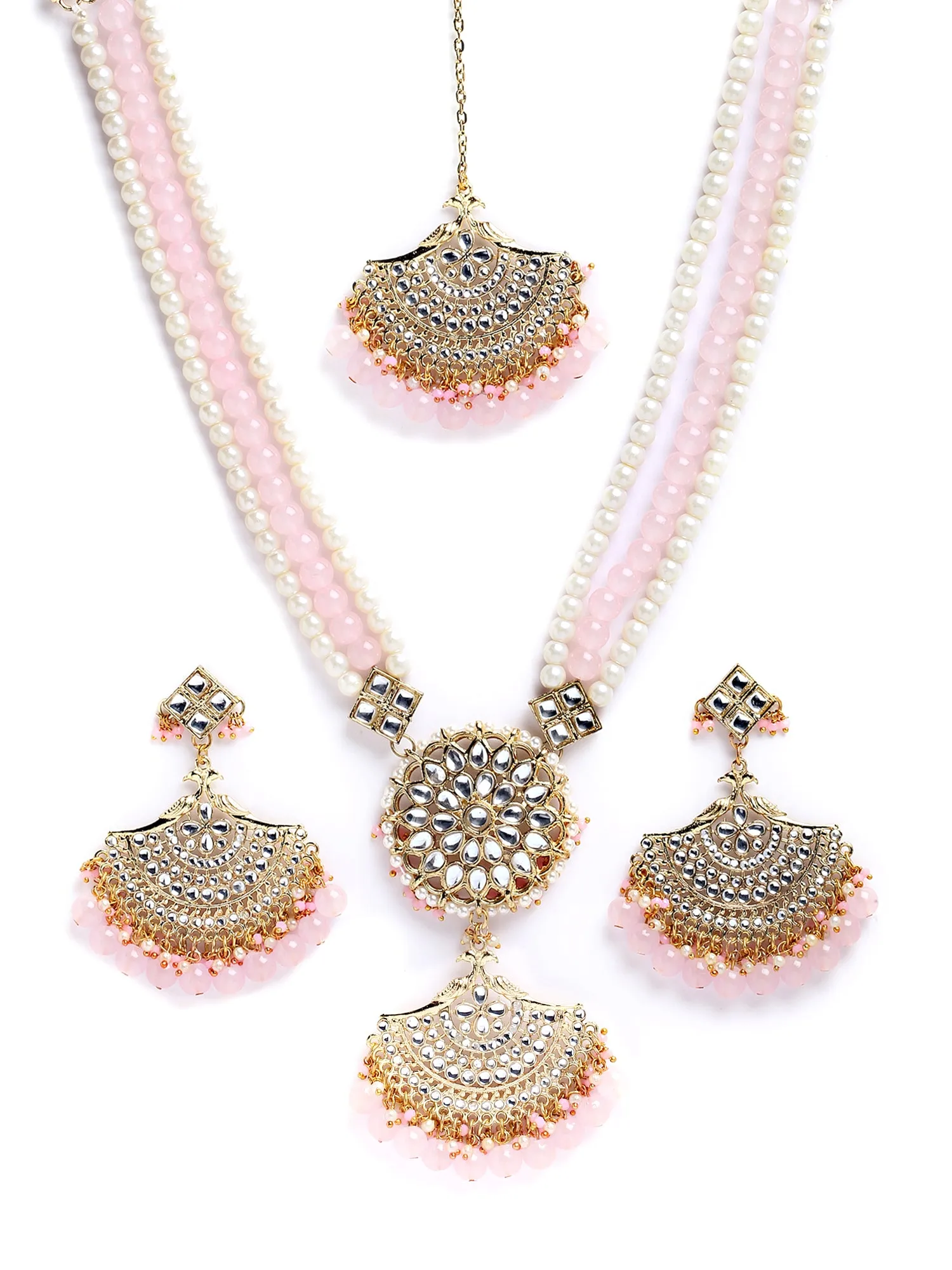 Karatcart Gold Plated Pink Beads and Pearl Rani Haar Necklace Set for Women