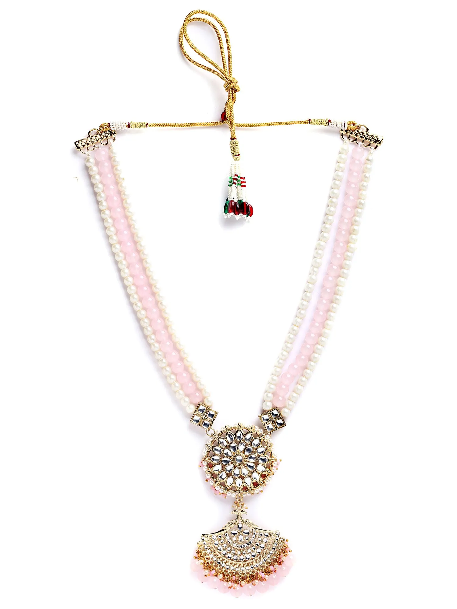 Karatcart Gold Plated Pink Beads and Pearl Rani Haar Necklace Set for Women