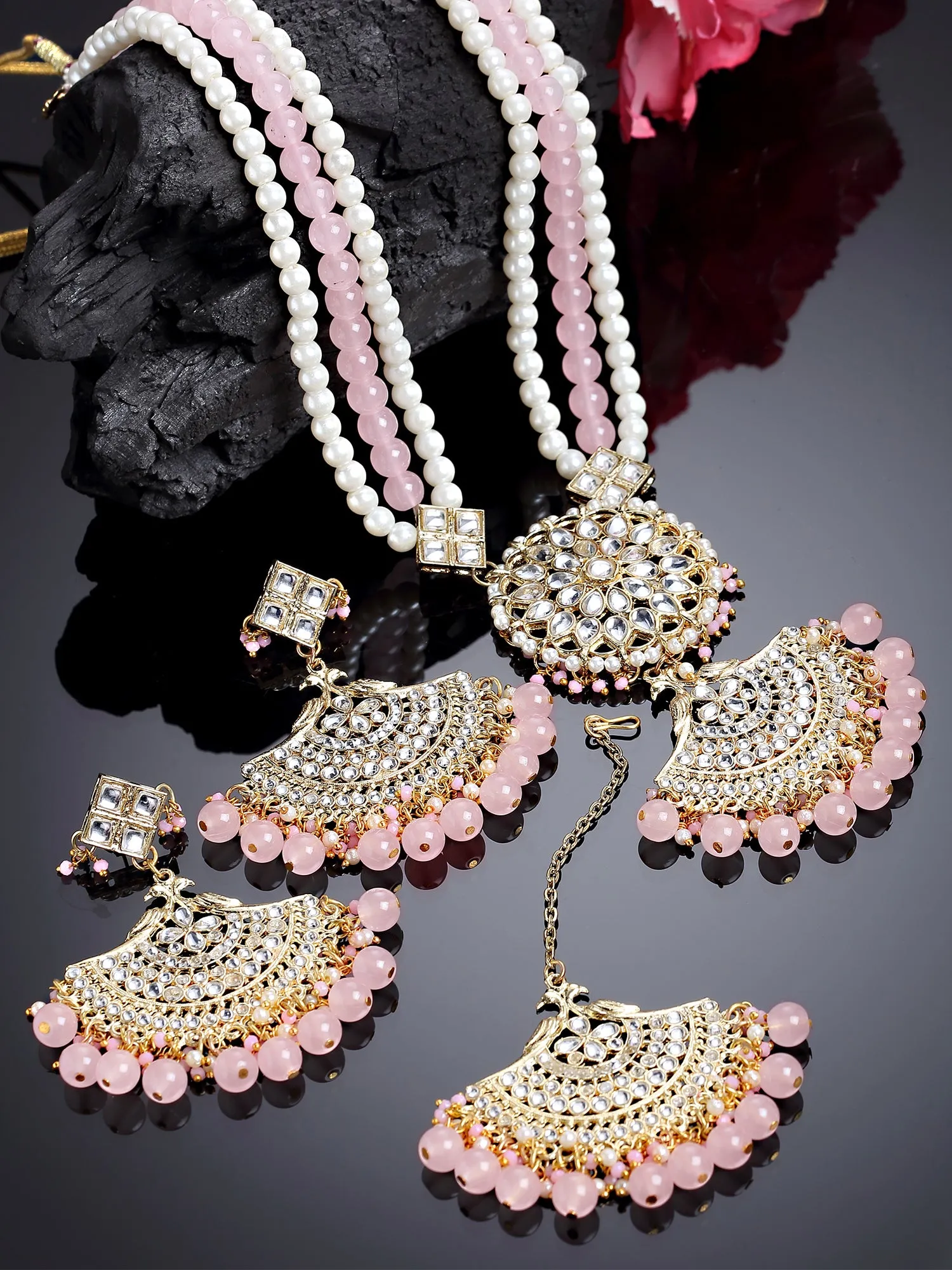 Karatcart Gold Plated Pink Beads and Pearl Rani Haar Necklace Set for Women