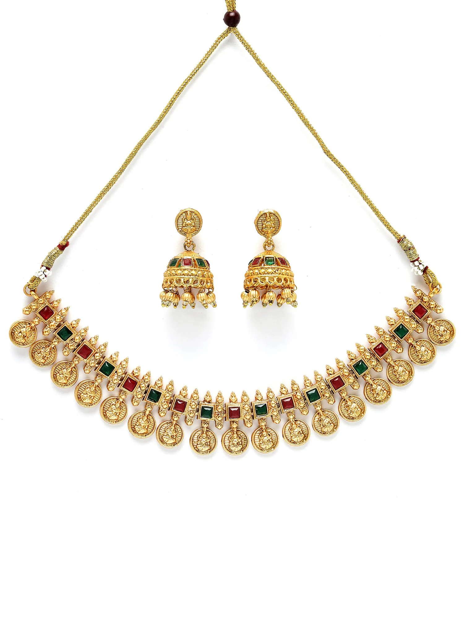 Karatcart Gold Plated Red & Green Stones Temple Jewellery Set for Women