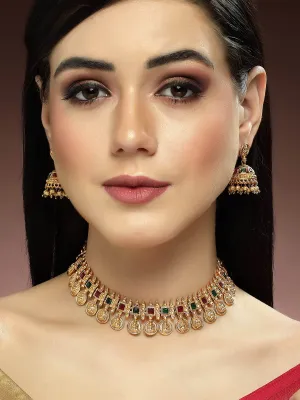 Karatcart Gold Plated Red & Green Stones Temple Jewellery Set for Women