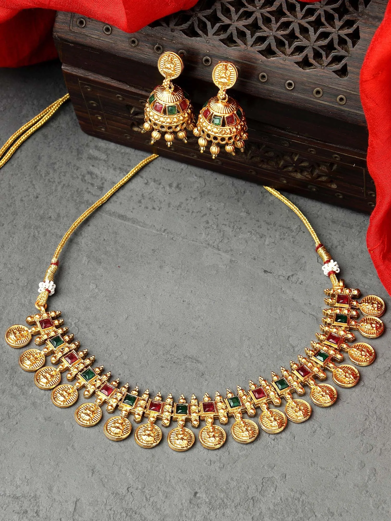 Karatcart Gold Plated Red & Green Stones Temple Jewellery Set for Women
