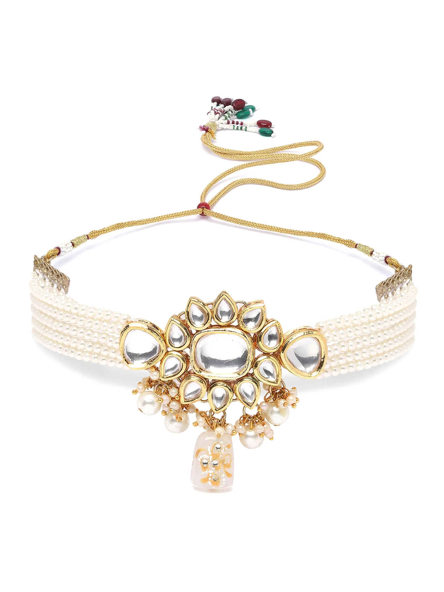Karatcart White Tumble and Pearl Studded Polki Kundan Choker Necklace Set for Women