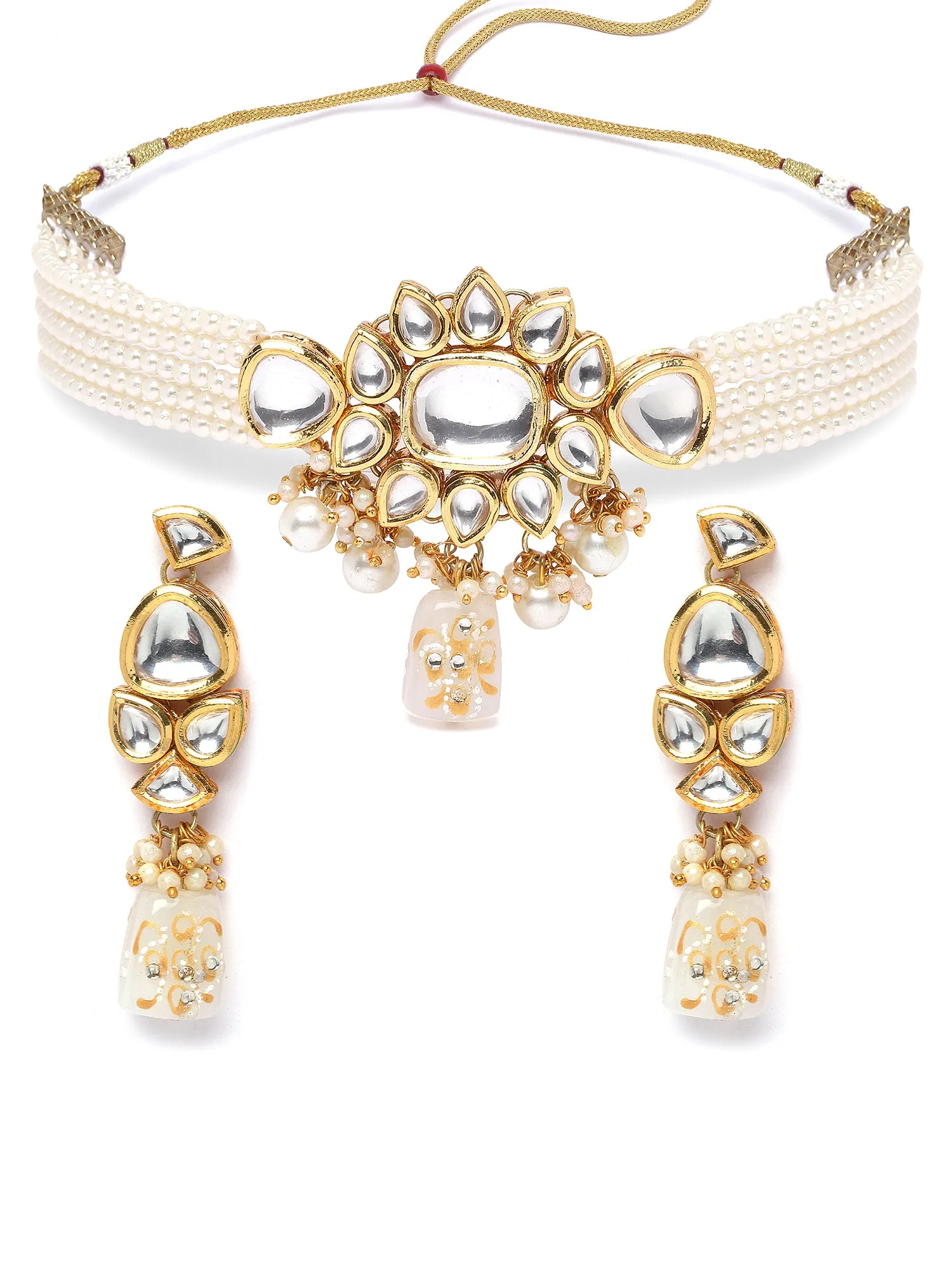 Karatcart White Tumble and Pearl Studded Polki Kundan Choker Necklace Set for Women