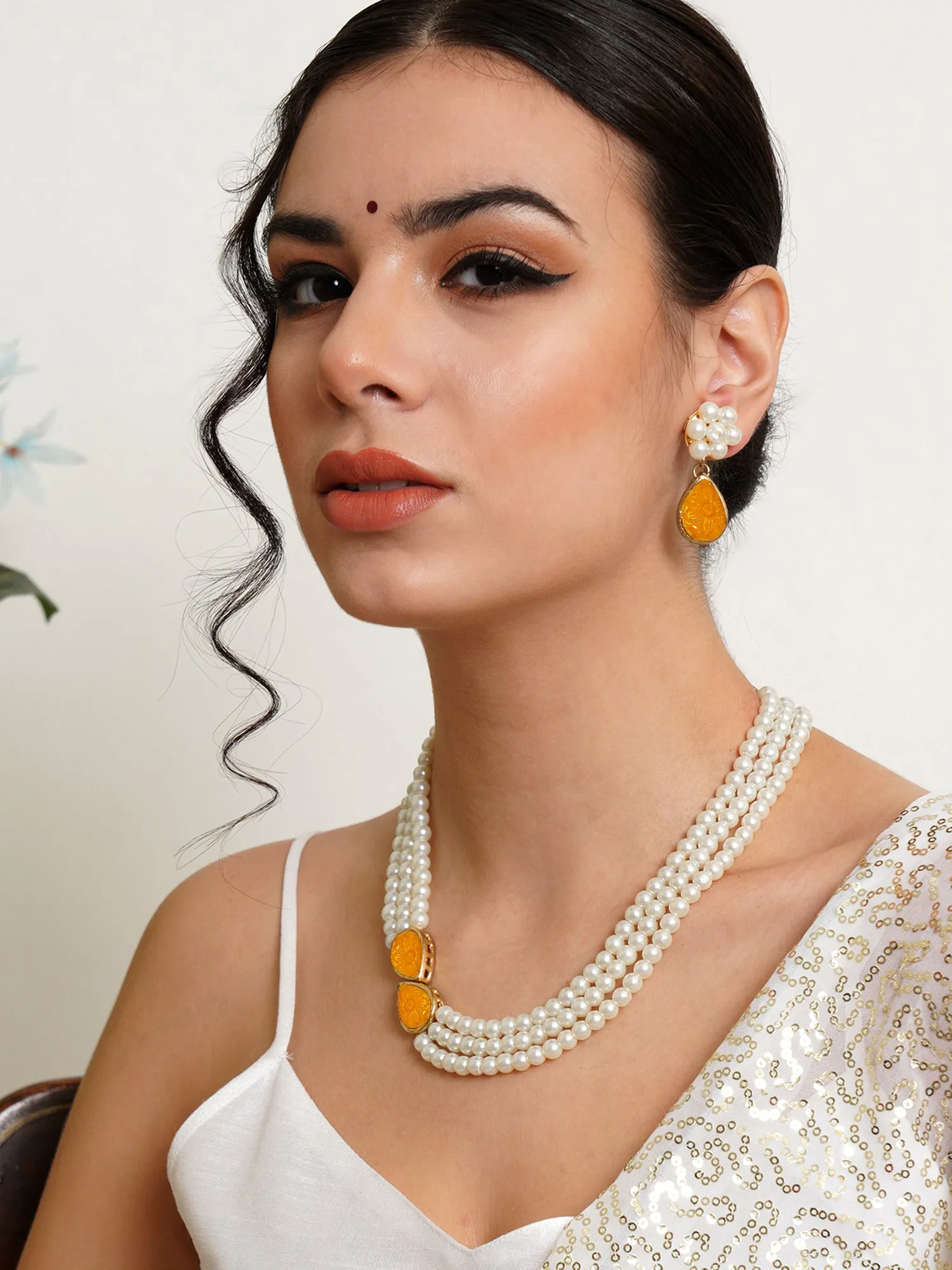 Karatcart Yellow Stone Studded Pearl Kundan Necklace Set for Women