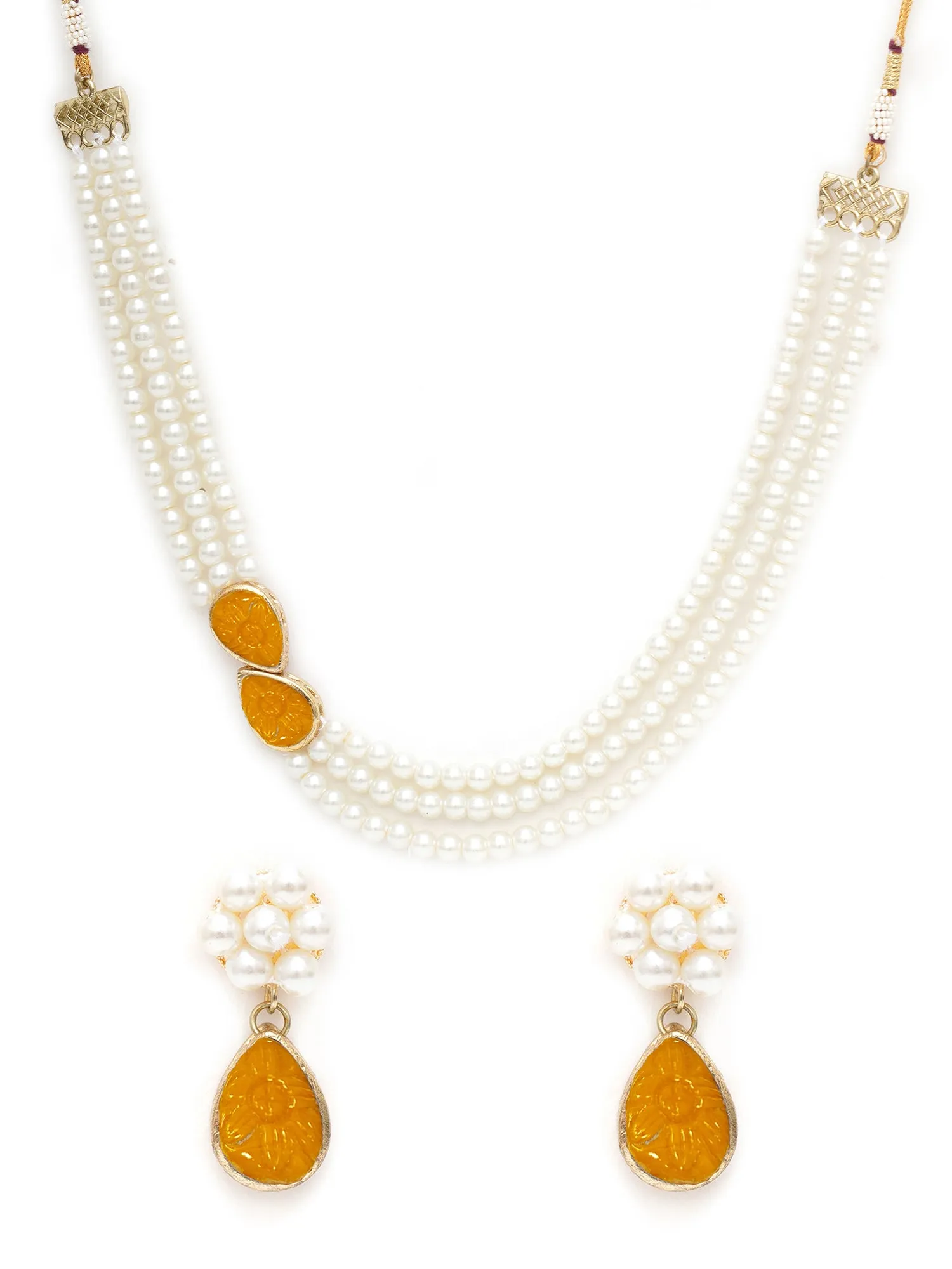 Karatcart Yellow Stone Studded Pearl Kundan Necklace Set for Women