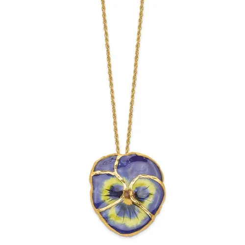 Lacquer Dipped 24k Gold Trim Blue Pansy 20" Necklace