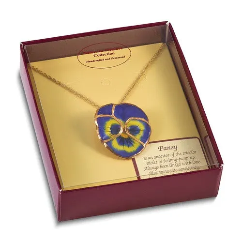 Lacquer Dipped 24k Gold Trim Blue Pansy 20" Necklace