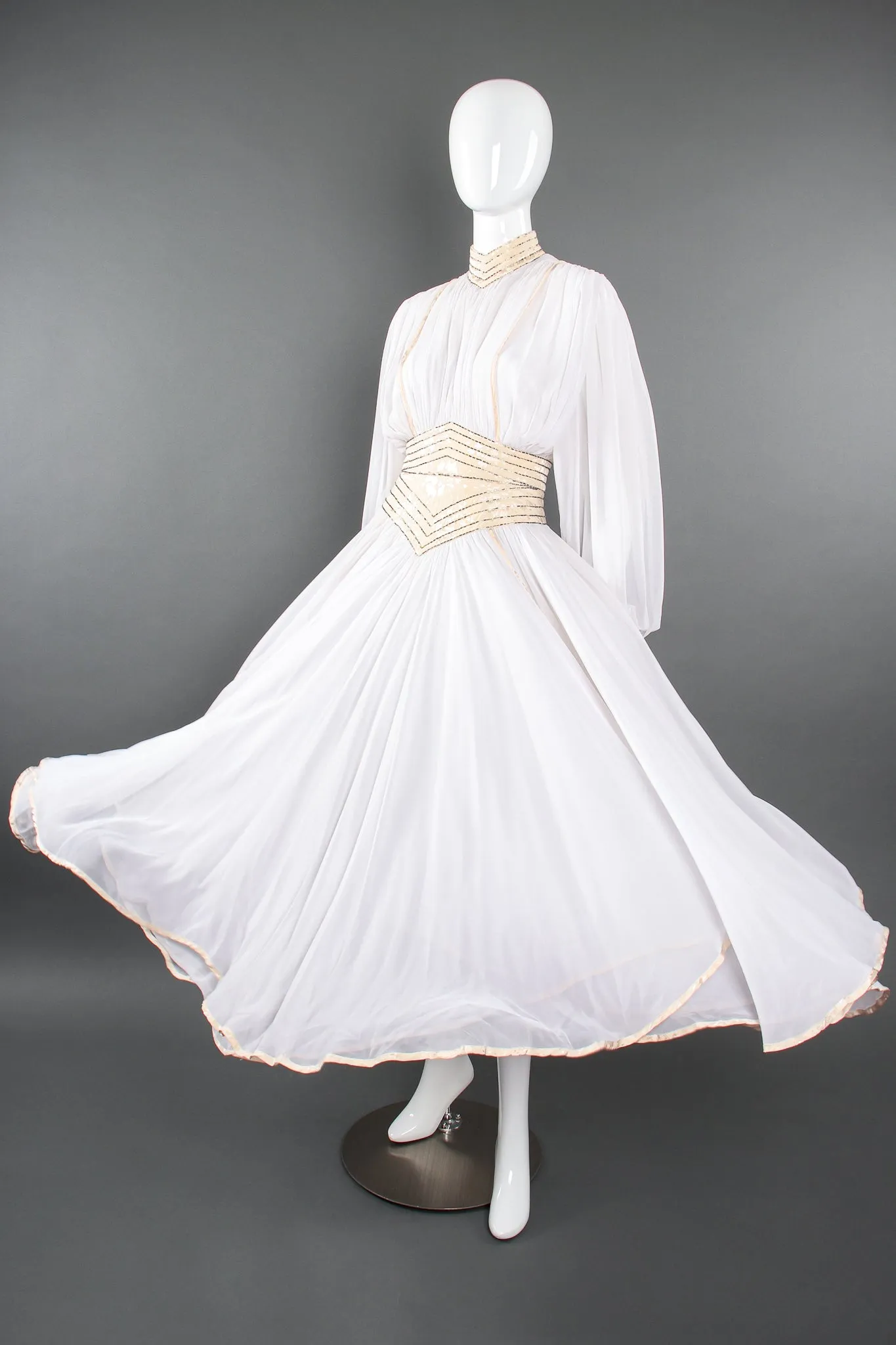 Layered Chiffon Balloon Sleeve Gown
