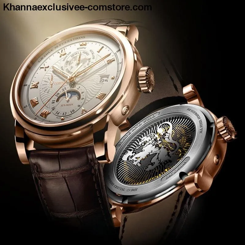LOBINNI Luxury Brand Men's Moon Phase Automatic Mechanical Sapphire Leather World Time Wrist Watch