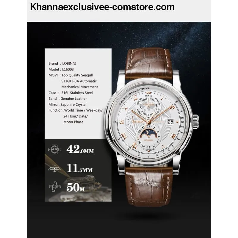LOBINNI Luxury Brand Men's Moon Phase Automatic Mechanical Sapphire Leather World Time Wrist Watch