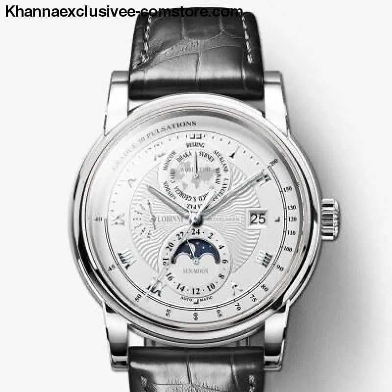 LOBINNI Luxury Brand Men's Moon Phase Automatic Mechanical Sapphire Leather World Time Wrist Watch