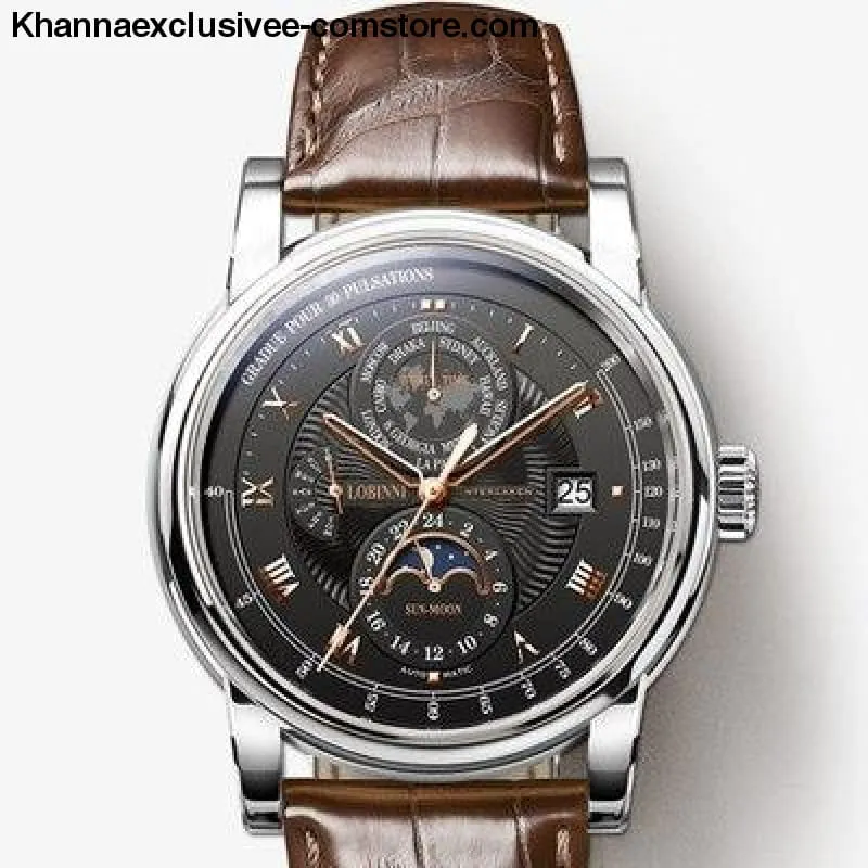 LOBINNI Luxury Brand Men's Moon Phase Automatic Mechanical Sapphire Leather World Time Wrist Watch