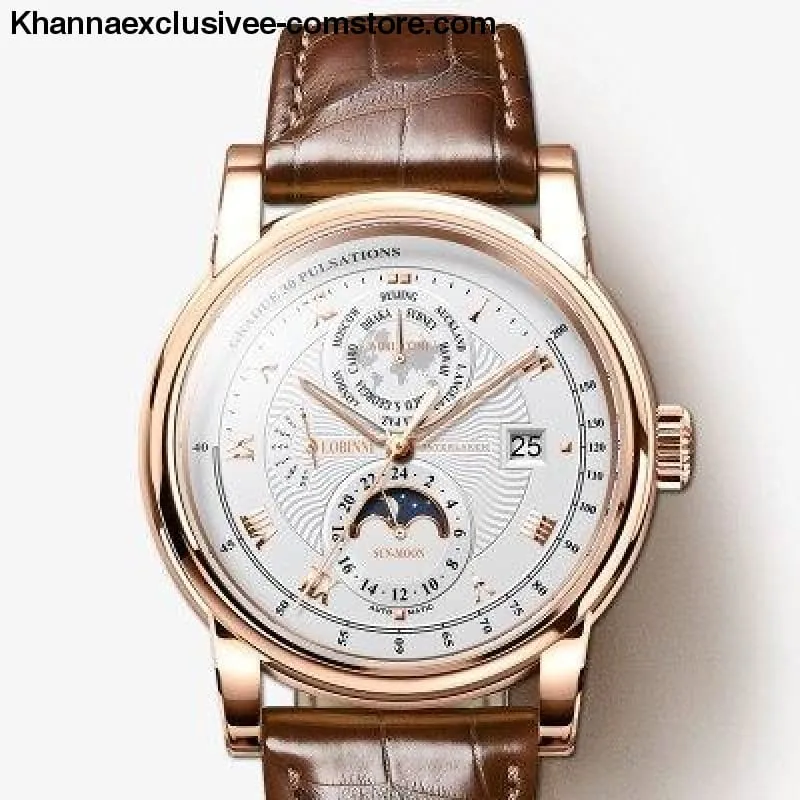 LOBINNI Luxury Brand Men's Moon Phase Automatic Mechanical Sapphire Leather World Time Wrist Watch