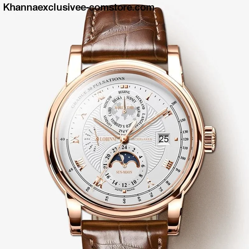 LOBINNI Luxury Brand Men's Moon Phase Automatic Mechanical Sapphire Leather World Time Wrist Watch