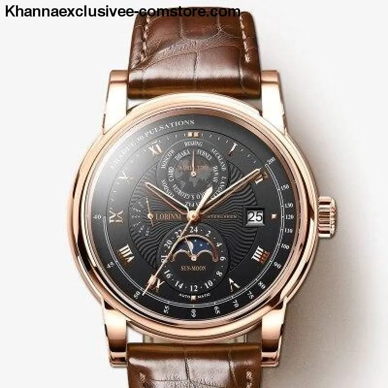 LOBINNI Luxury Brand Men's Moon Phase Automatic Mechanical Sapphire Leather World Time Wrist Watch