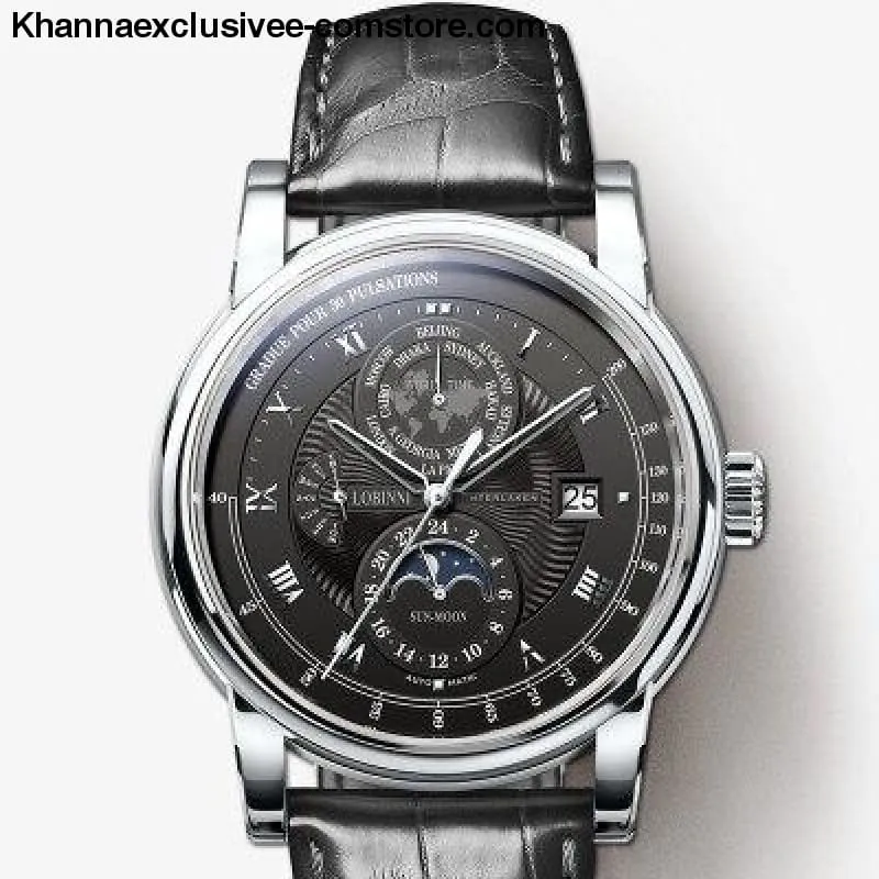 LOBINNI Luxury Brand Men's Moon Phase Automatic Mechanical Sapphire Leather World Time Wrist Watch