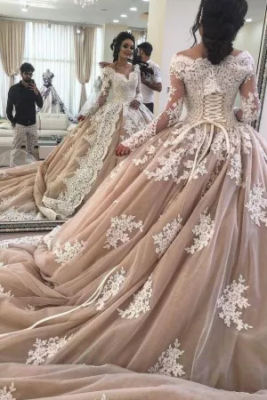 Long Sleeves Lace Champagne Ball Gown Dress for Bride