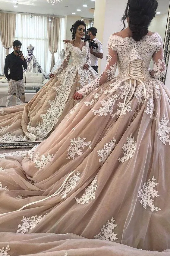 Long Sleeves Lace Champagne Ball Gown Dress for Bride