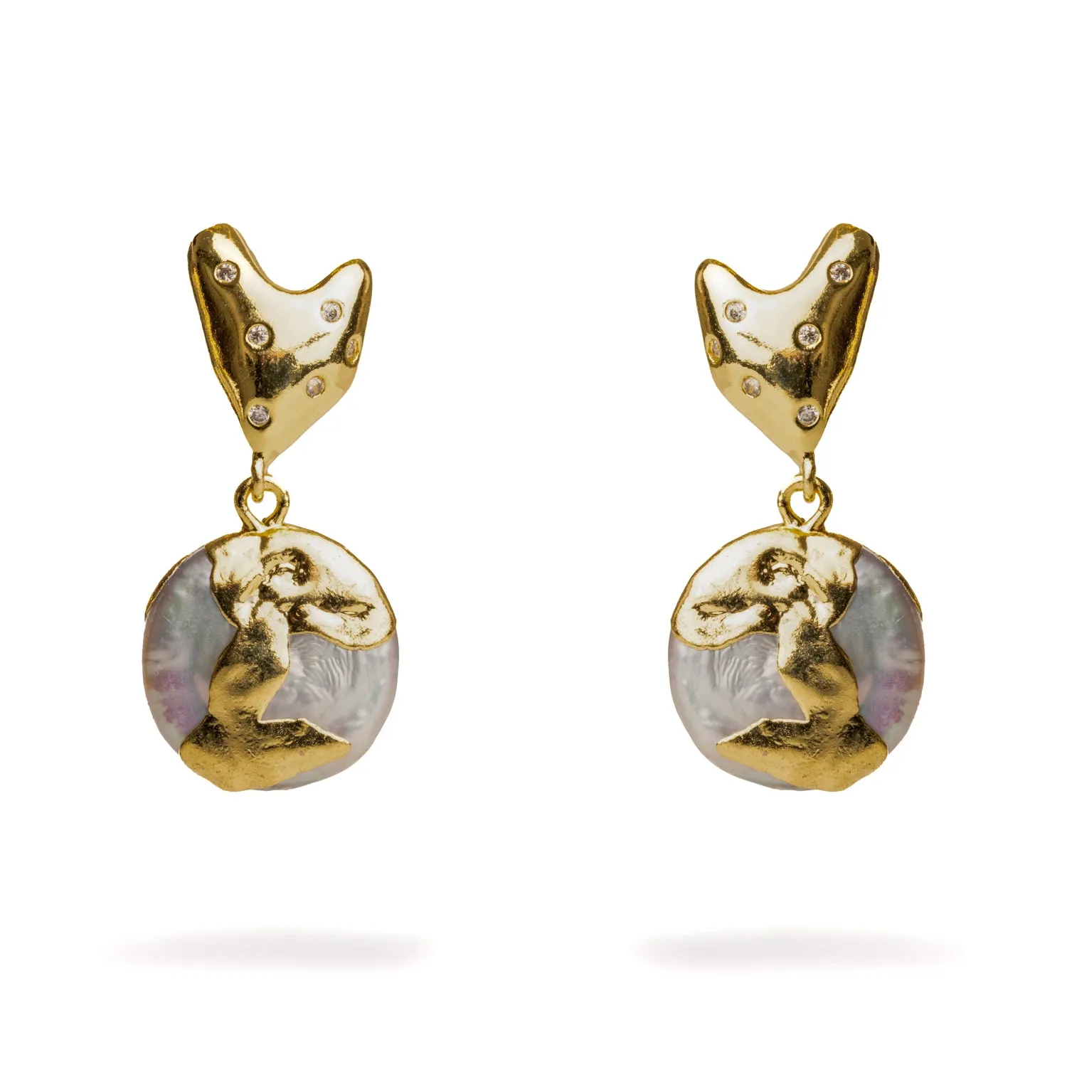 Love Gold Melted & Diamond Heart Stud Pearl Drop Earrings