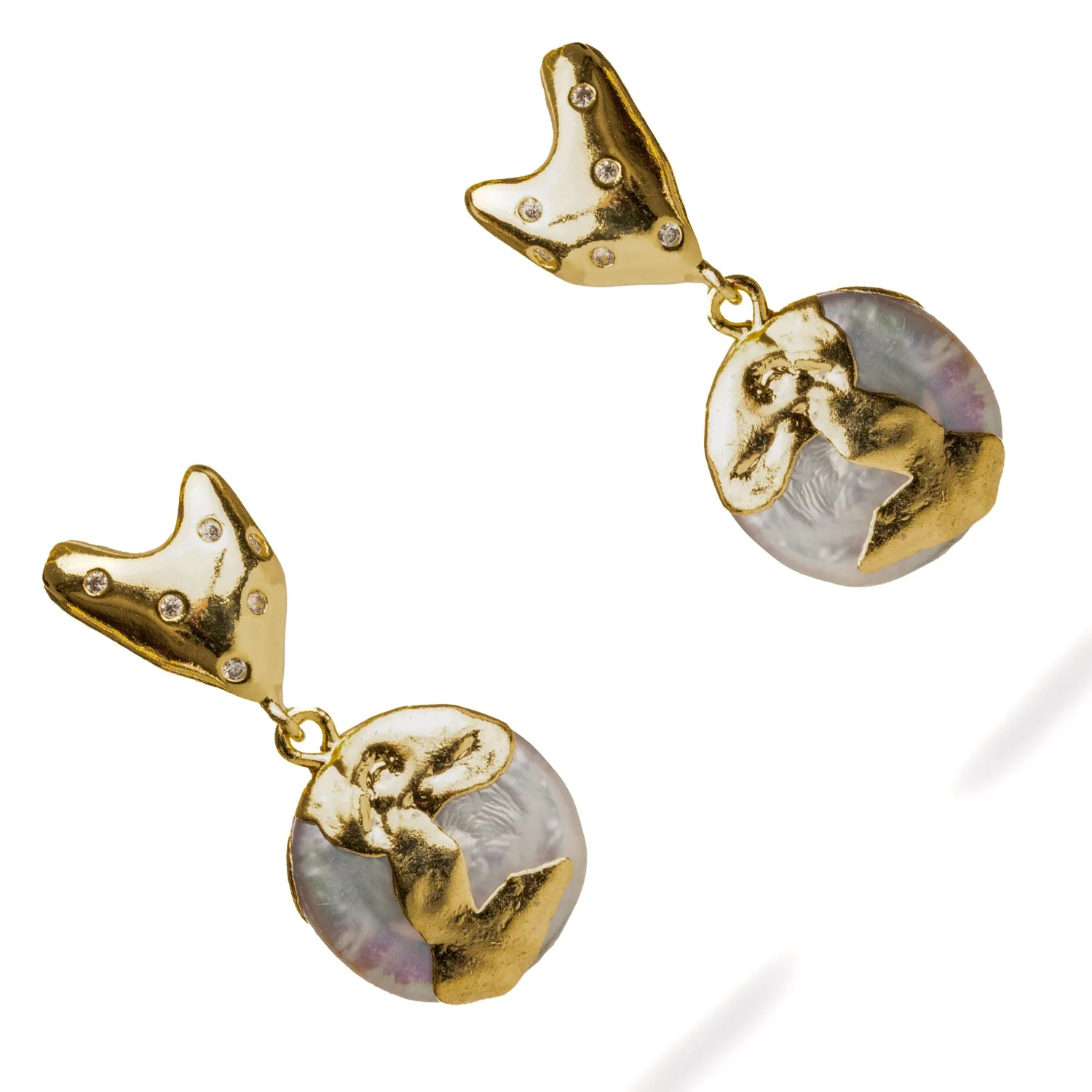 Love Gold Melted & Diamond Heart Stud Pearl Drop Earrings