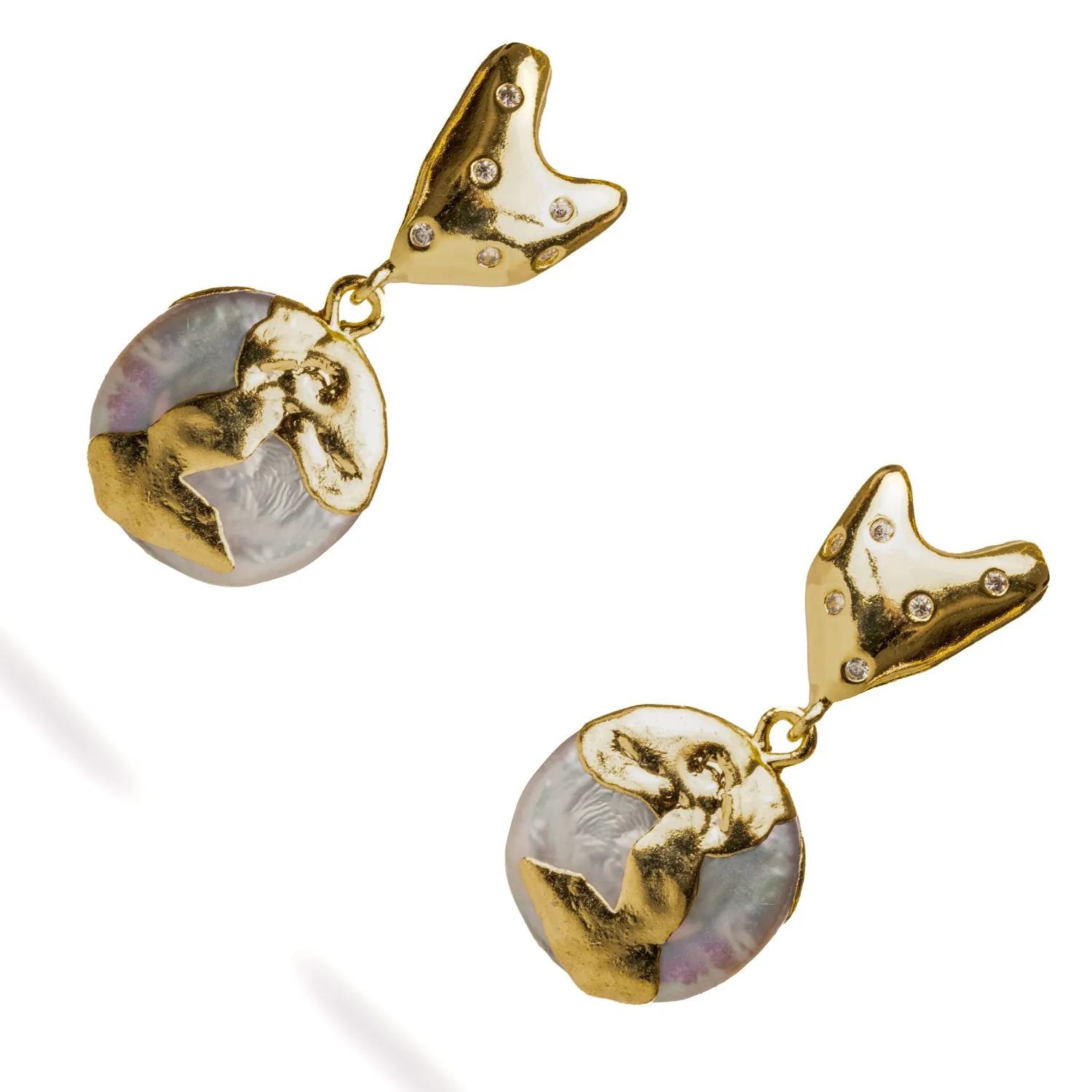 Love Gold Melted & Diamond Heart Stud Pearl Drop Earrings