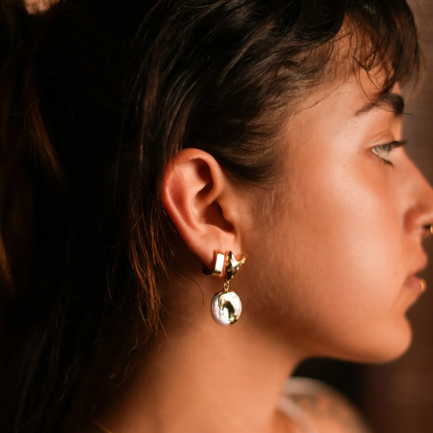 Love Gold Melted & Diamond Heart Stud Pearl Drop Earrings