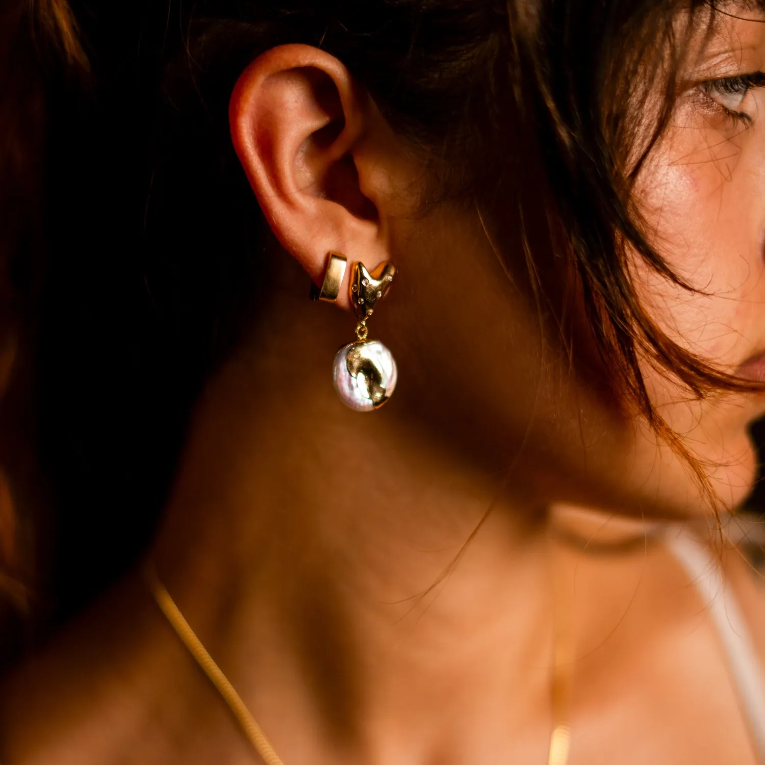 Love Gold Melted & Diamond Heart Stud Pearl Drop Earrings