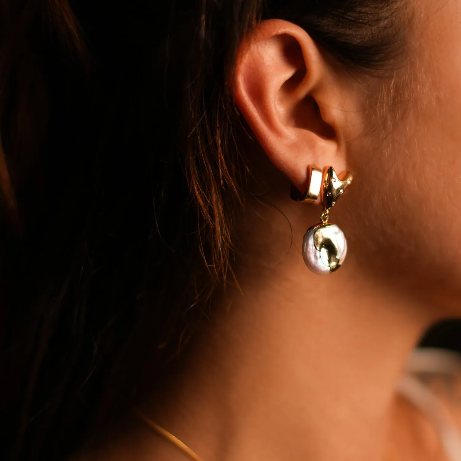 Love Gold Melted & Diamond Heart Stud Pearl Drop Earrings