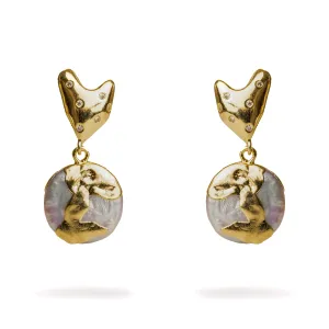 Love Gold Melted & Diamond Heart Stud Pearl Drop Earrings