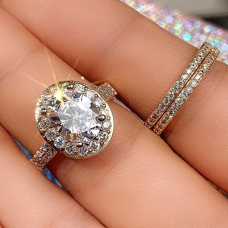Luxury 3Pcs 14K Gold Ring Set for Women Zircon Wedding Jewelry