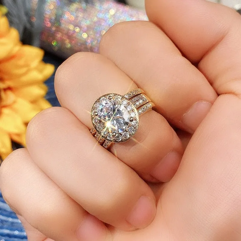 Luxury 3Pcs 14K Gold Ring Set for Women Zircon Wedding Jewelry
