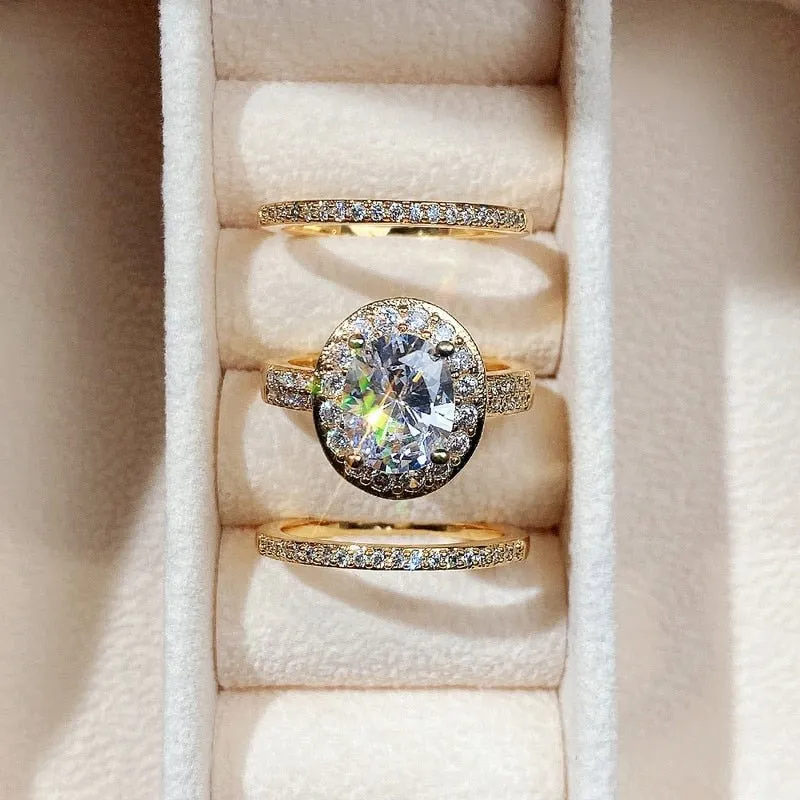 Luxury 3Pcs 14K Gold Ring Set for Women Zircon Wedding Jewelry