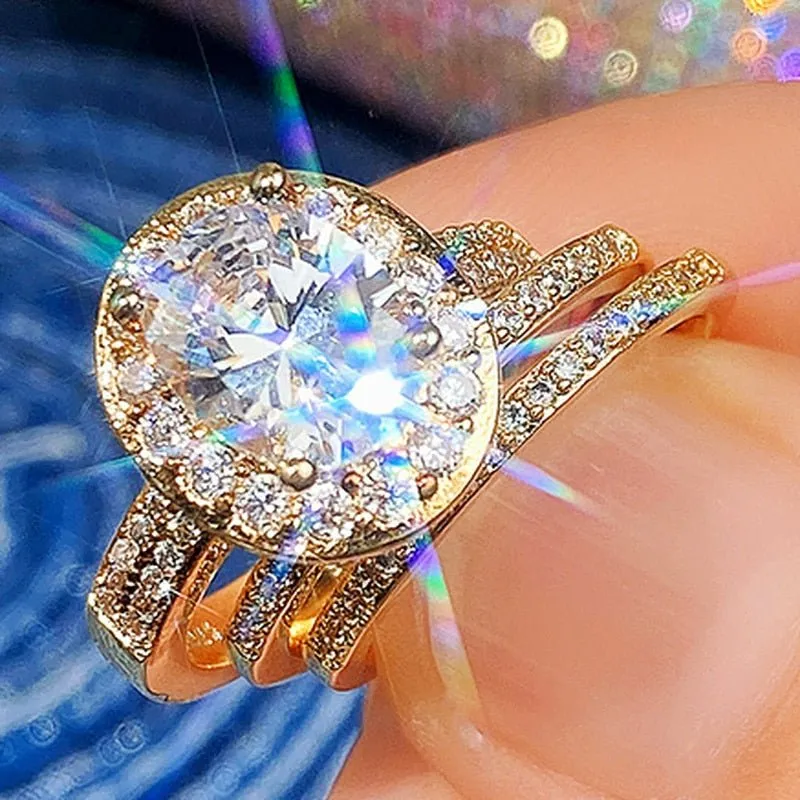 Luxury 3Pcs 14K Gold Ring Set for Women Zircon Wedding Jewelry