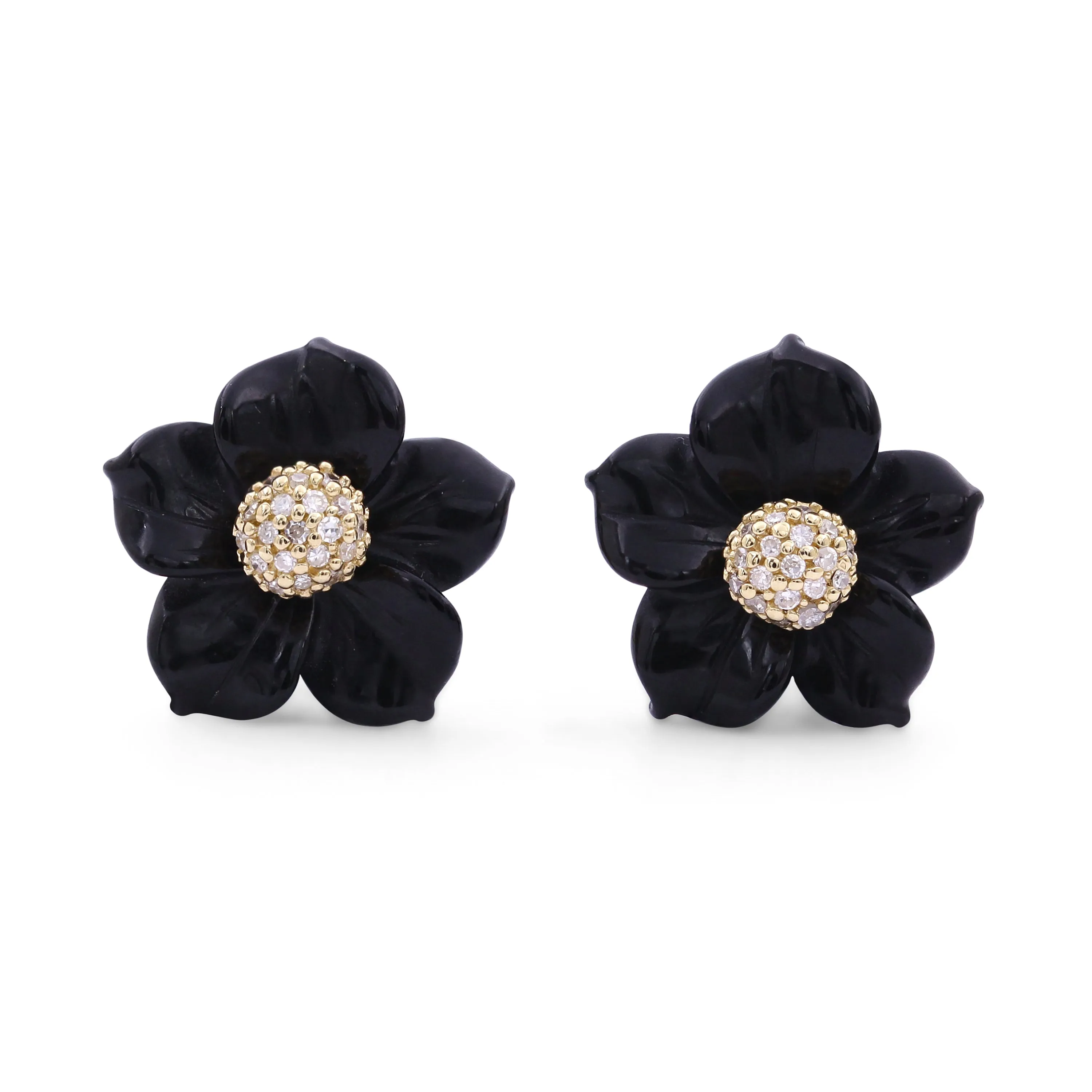 Luxury Hand Carved Black Mother of Pearl and Diamond Earrings in 18K Yellow Gold