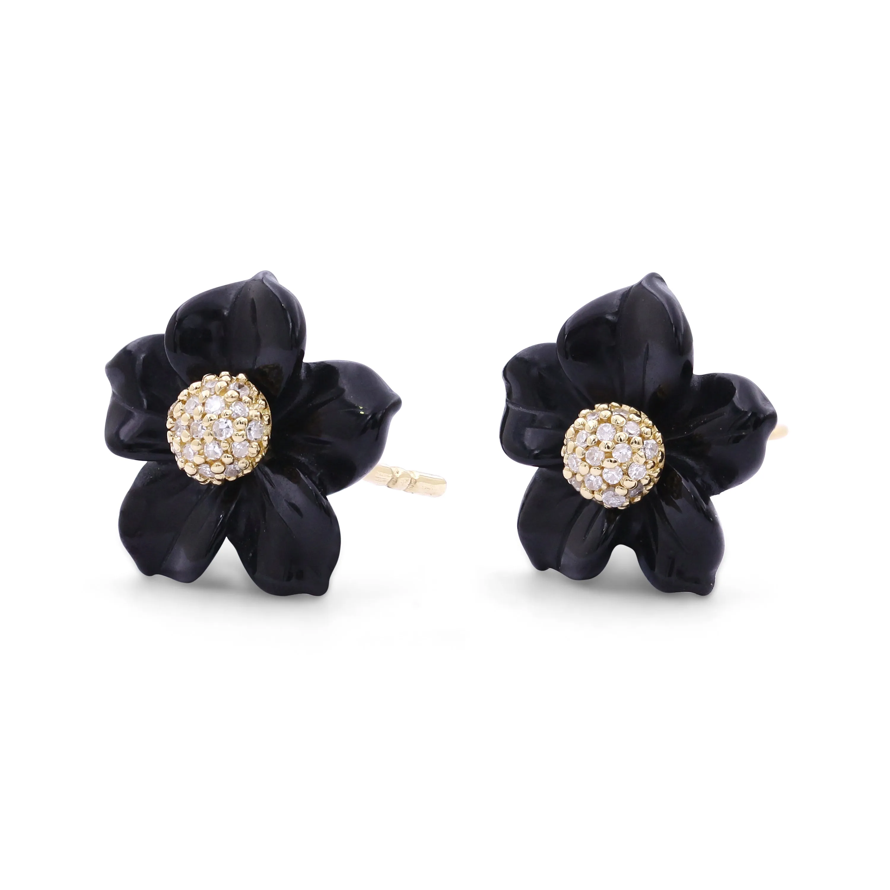 Luxury Hand Carved Black Mother of Pearl and Diamond Earrings in 18K Yellow Gold