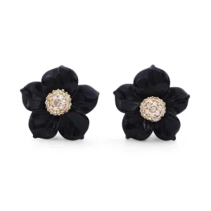 Luxury Hand Carved Black Mother of Pearl and Diamond Earrings in 18K Yellow Gold