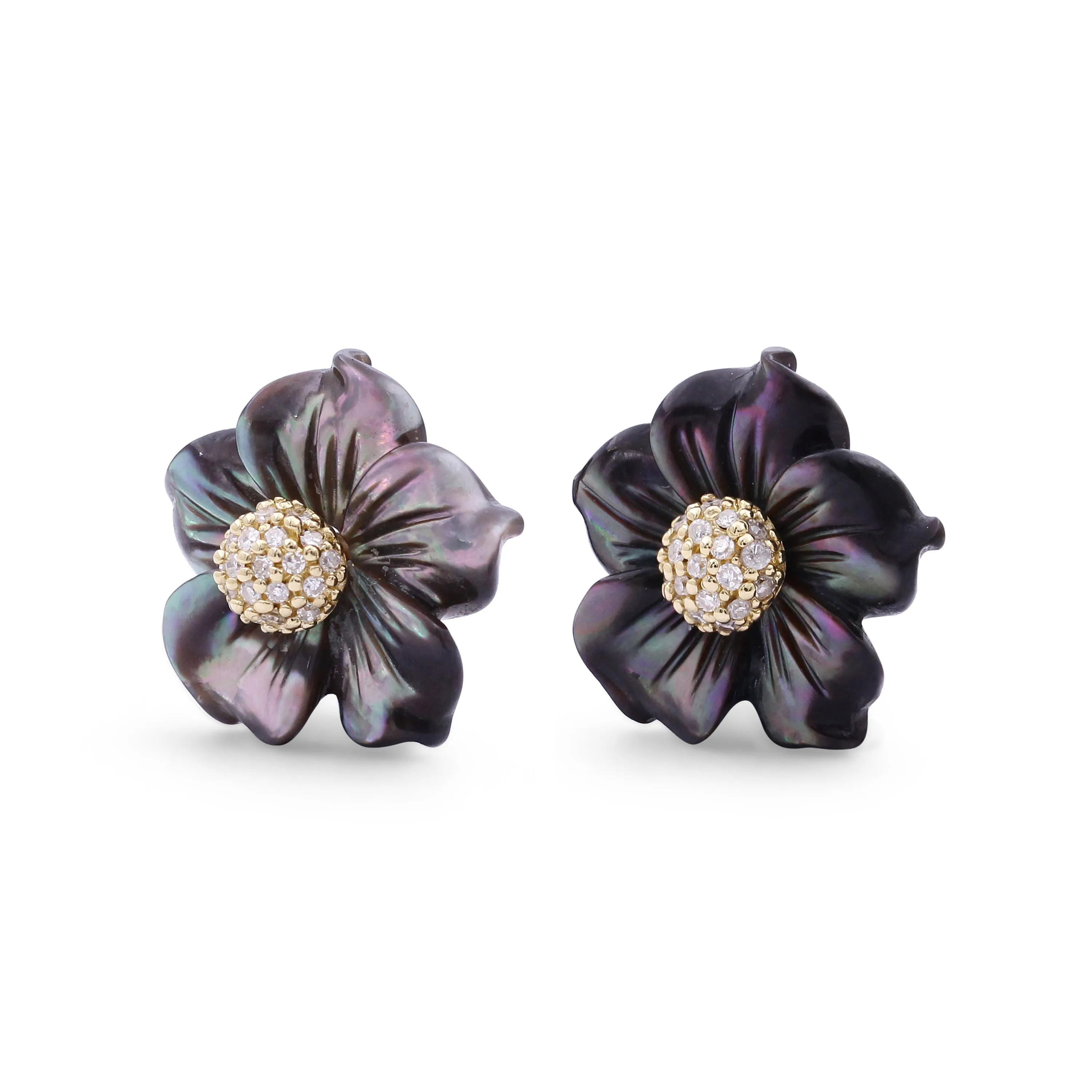 Luxury Hand Carved Dark Champagne Mother of Pearl and Diamond Earring in 18K Yellow Gold